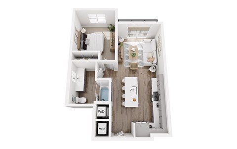 Floor plan for 1 bed, 1 bath, 651 sqft